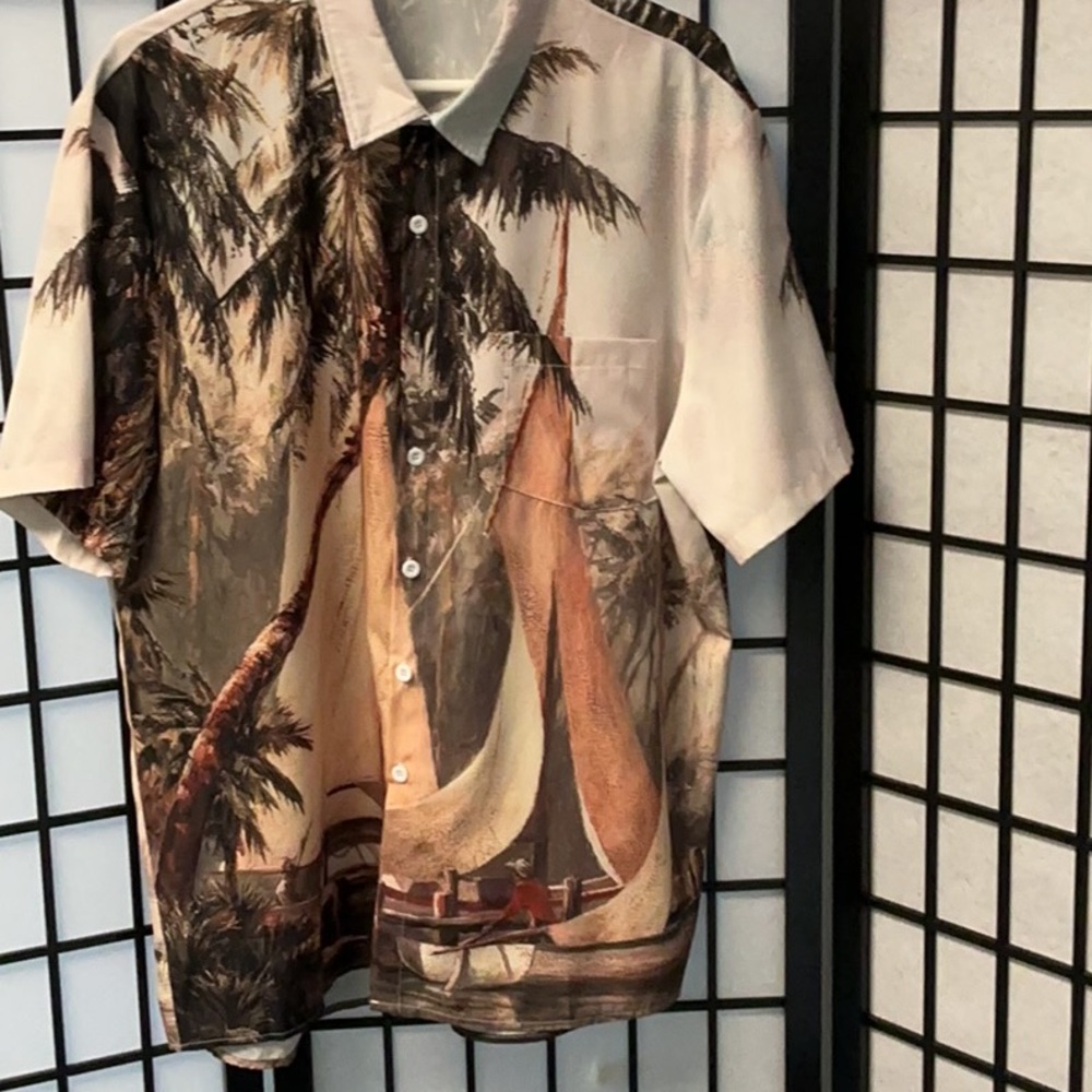 Tropical Sailboat Print Button-Up Shirt - Beige & Brown